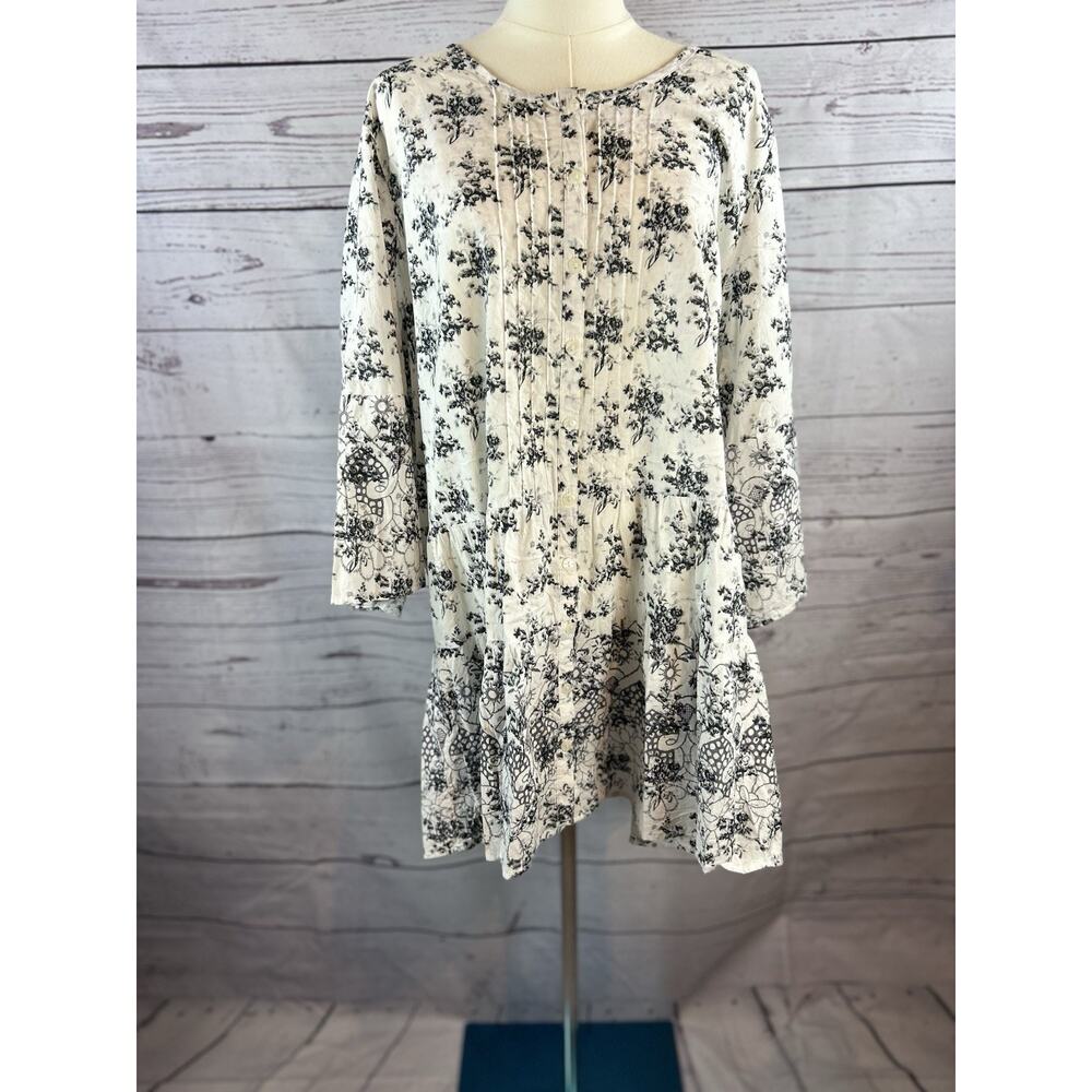 Ellos Babydoll Tunic Blouse Womens 1X White Black Floral 100% Cotton NWT